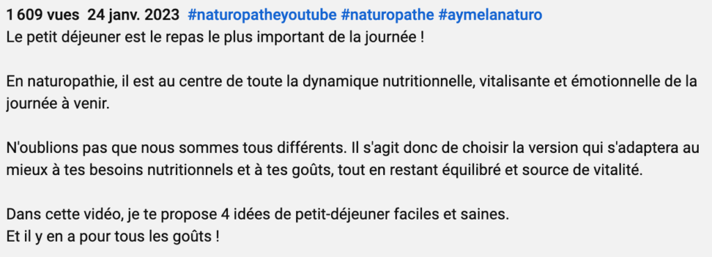 Capture d'écran d'un descriptif d'une vidéo YouTube sur la naturopathie