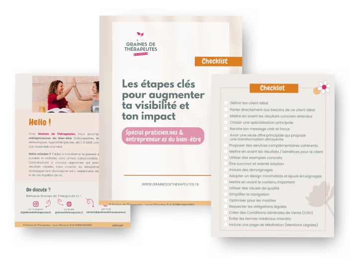 checklist-visibilite-therapeute Checklist pour identifier les étapes clés pour éviter les erreurs courantes et développer sa visibilité et son impact en tant que thérapeute.